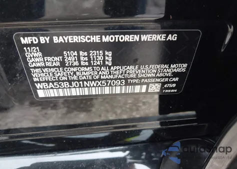 2022 BMW 540 I из США, поврежденный, VIN WBA53BJ01NWX57093